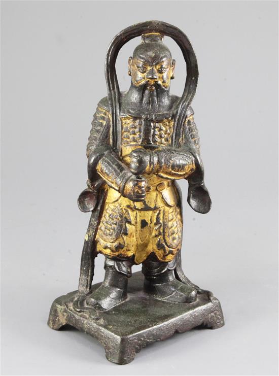 A Chinese gilt-lacquered bronze standing figure of the heavenly king, Duo Wen, late Ming, early 17th century, 24cm, lacking parasol to